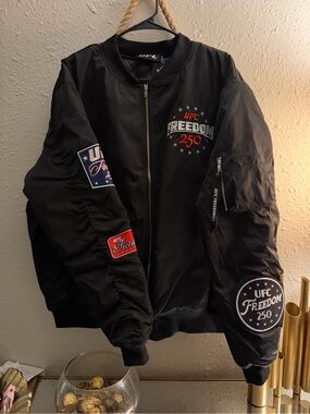 UFC Black Bomber Jacket with Freedom 250 Patches